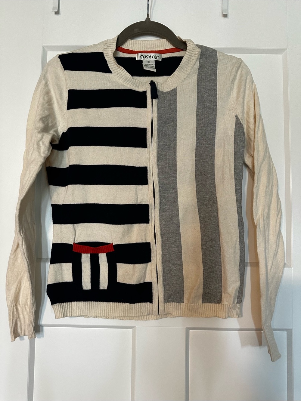 Orvis Cream, Navy & Gray Striped Zip Cardigan 100% Cotton